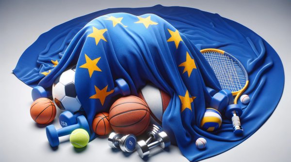 Sportgeräte ragen unter einer europäischen Flagge hervor. 